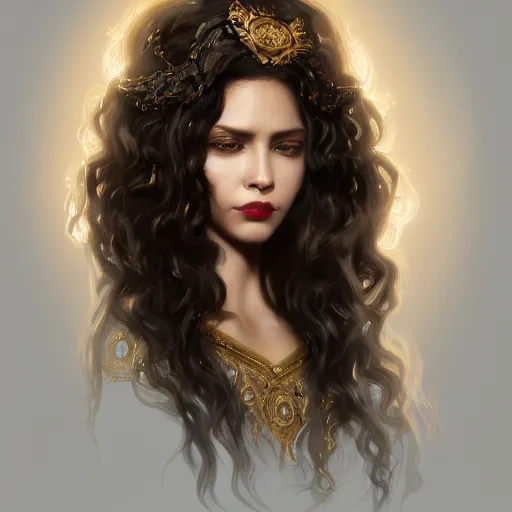 Image similar to character design, portrait of a attractive brown skinned woman with long black soft curly hair and blind white eyes, medieval, jewels, gold and red dress, painting by wlop and nixeu, beautiful, semirealism, artstation, octane render, sharpness, 8 k, golden ratio