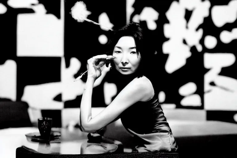 Image similar to Maggie Cheung smoking in a nightclub, b&w, manga, by Inio Asano