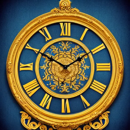 Image similar to an ornate golden wall clock in blue room, digital art, highly detailed, high contrast, beautiful lighting, award winning, trending on art station, photorealistic, 8 k,