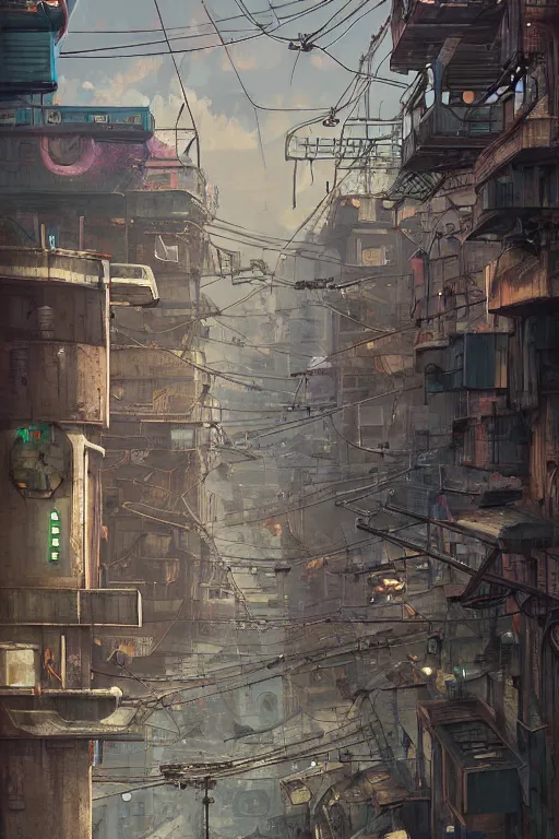 Image similar to a industrial STEAMPUNK CITY Street scenery in the FAVELAS, signs, billboards and cable Connecting MULTI LVL BUILDINGS, rendered by simon stålenhag, rendered by Beeple, Makoto Shinkai, syd meade, environment concept, digital art, starwars, Gundam Style, unreal engine, 3 point perspective, WLOP, trending on artstation, low level, 4K UHD image, octane render,