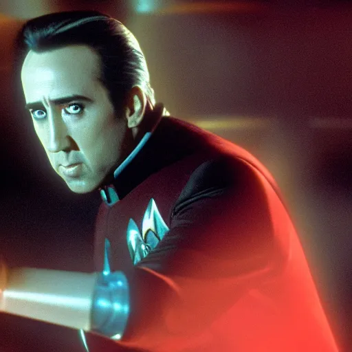 Prompt: Nicholas Cage as Data in the movie Star Trek, sci-fi movie cinematic frame, detailed, sharp