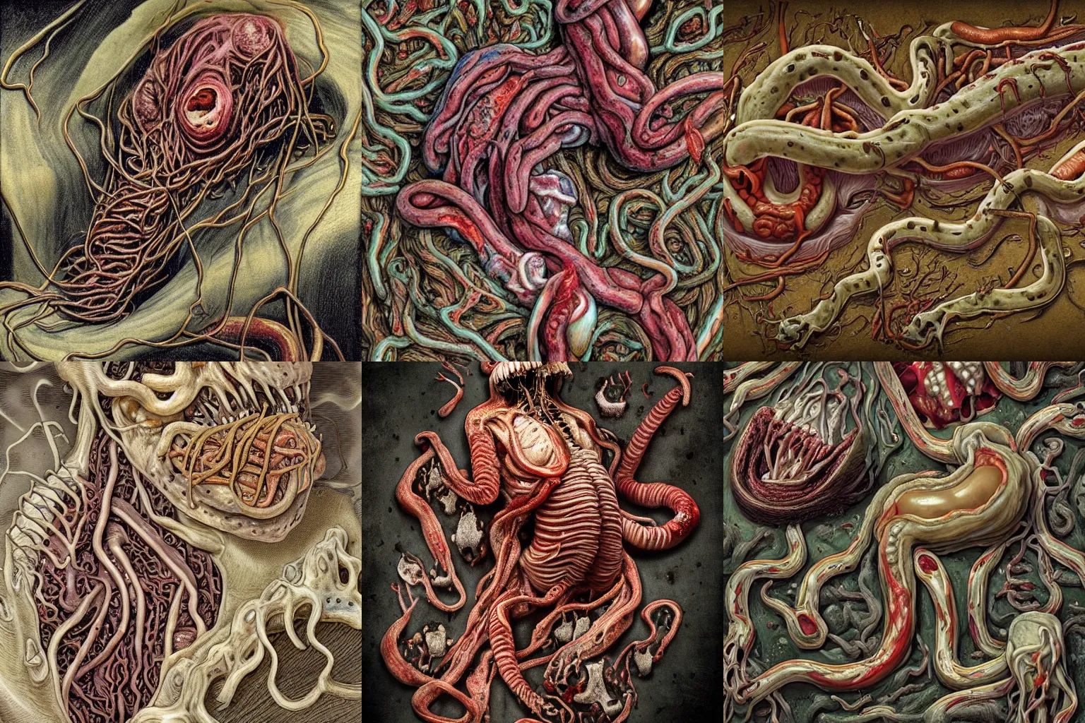 Prompt: a photo of a gory abomination without shape or form, composed of many animals and fungi of this world, yet unrecognizable, twitching and writhing, with intestine-like smooth and shiny worms slithering out of the central mass, body horror, blood oozing from every body crevice, ultra-detailed, ultra-realistic, color