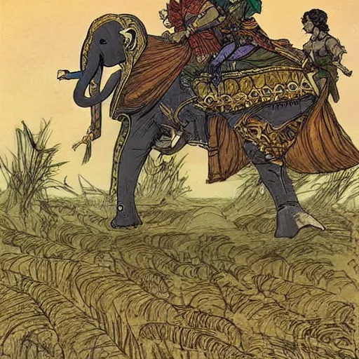 Image similar to elephant riding a motorcycle, art by rebecca guay