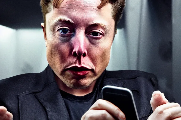 Image similar to hyperrealism aesthetic ridley scott and denis villeneuve style photography of a detailed hyperrealism elon musk, siting on a detailed hyperrealism toilet and scrolling his smartphone in hyperrealism scene from detailed art house movie in style of alejandro jodorowsky and wes anderson