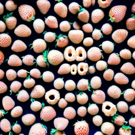 Image similar to a super detailed lomography photo of a closeup of a strawberry, and every seed is a tiny human skull.