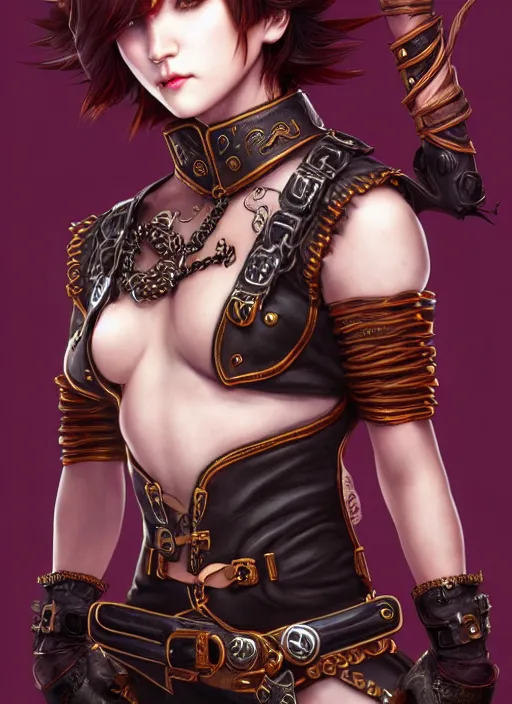 Image similar to rogue, fantasy ornate leather bandit outfit!!! beautiful and athletic short hair female!! gorgeous face and eyes!! character concept art, sharp focus, octane render! unreal engine 5! highly rendered!! trending on artstation!! detailed linework!! illustration by chie yoshii, artgerm, and wlop