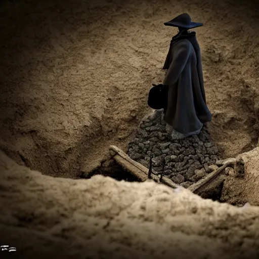 Prompt: tilt shift wwi plague doctor pondering over a dug out trench, dramatic light, zdzidaw