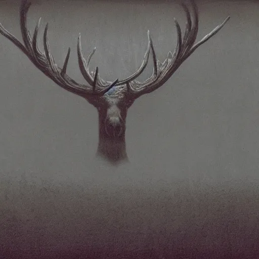 Image similar to A eldritch Moose in the style of Beksinski