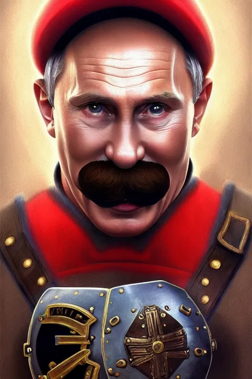 Image similar to vladimir putin as mario from super mario bros, armor plate, realistic portrait, symmetrical, highly detailed, digital painting, artstation, concept art, smooth, sharp focus, illustration, cinematic lighting, art by artgerm and greg rutkowski and alphonse mucha