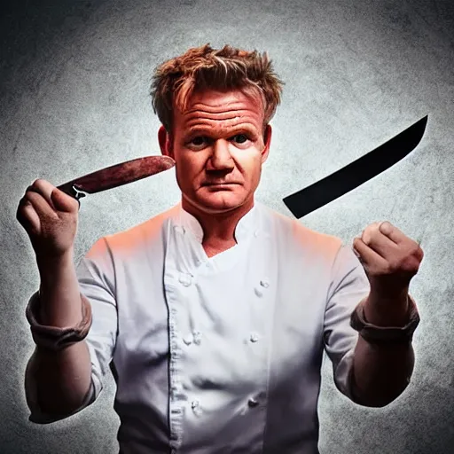 Prompt: gordon ramsey holding knife, famous chef gordon ramsey, angry, holding kitchen knife, butcher knife, phone camera, zoom