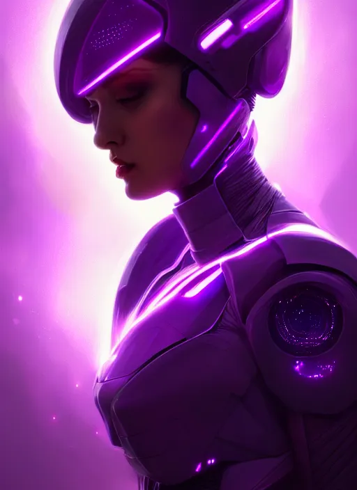 Image similar to portrait of futuristic sci - fi suit lady voidstar, purple, glowing purple energy, intricate, elegant, glowing lights, highly detailed, digital painting, artstation, concept art, smooth, sharp focus, illustration, art by wlop, mars ravelo and greg rutkowski