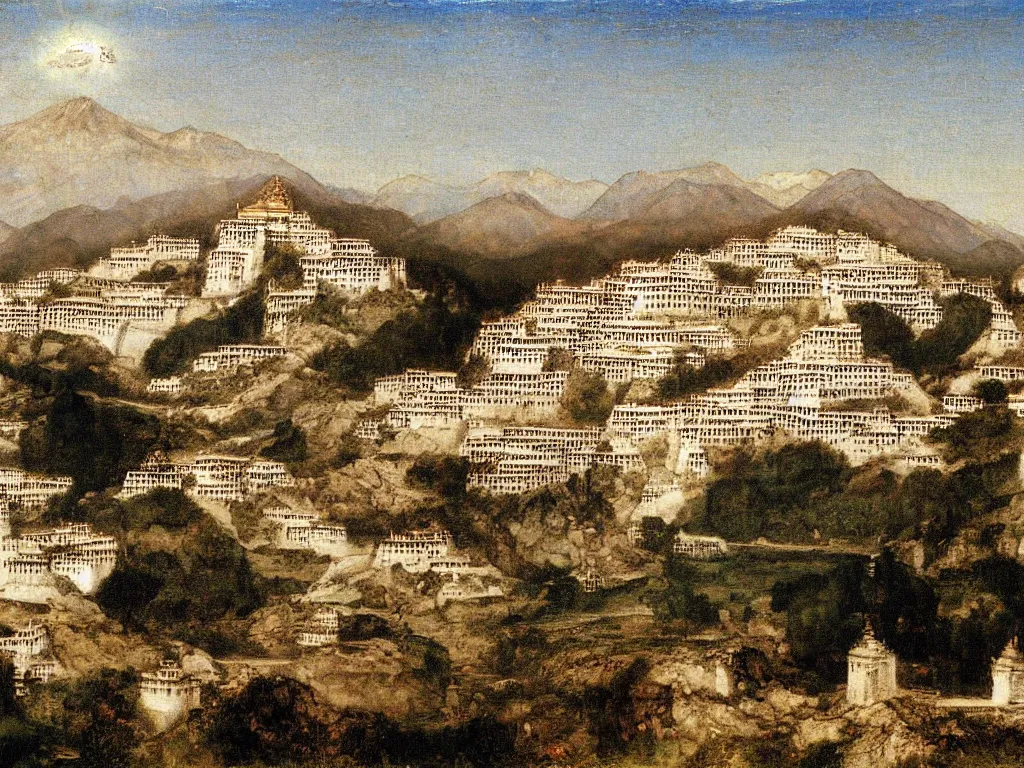 Image similar to View of the old Lhasa. Painting by Arnold Bocklin