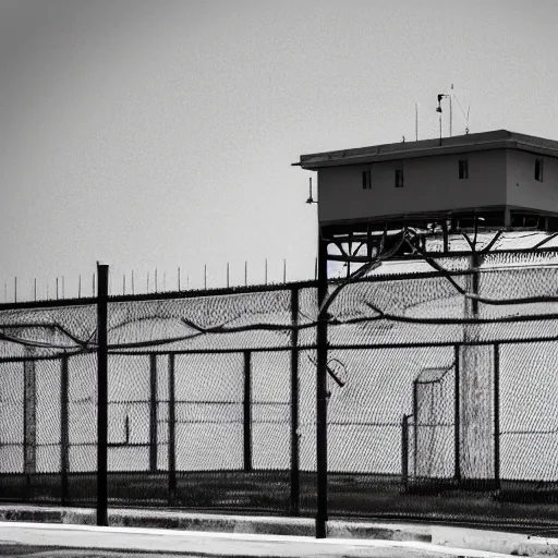 Image similar to outside view of prison wall, guard tower, zoom photography, prison complex, oppressive atmosphere, artstation award, modern prison