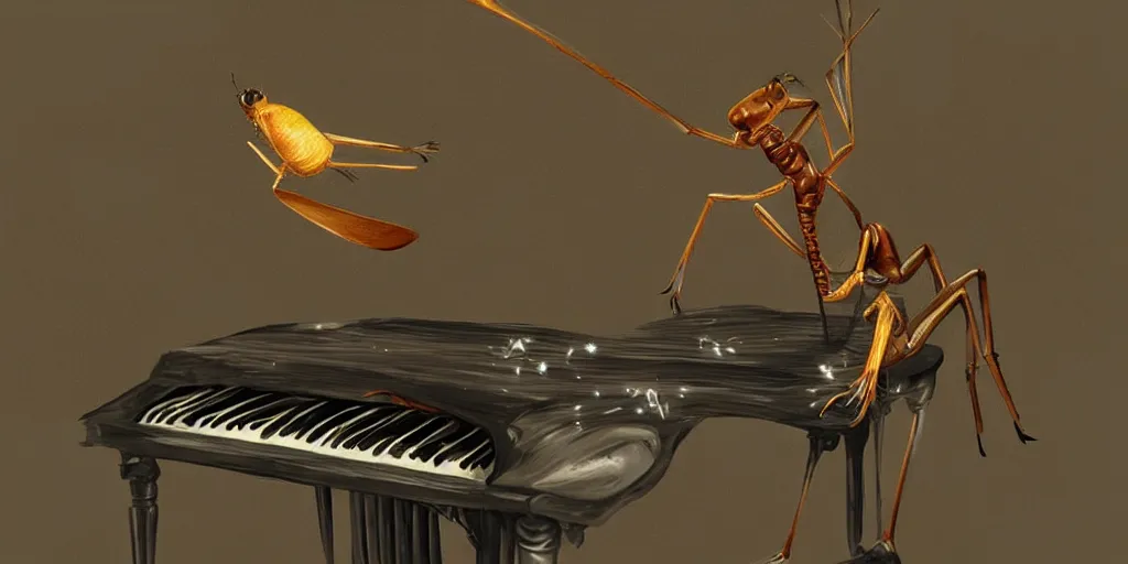 Image similar to a cricket playing a piano like a human, digital art, artstation