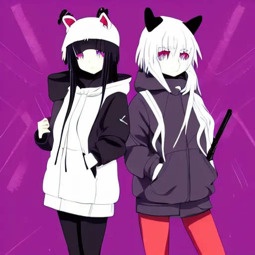 Prompt: two girls, a girl with short white hair and polar bear ears wearing an open black coat, another girl with long black hair wearinga purple hoodie with red eyes, anime key visual art, anime artystyle