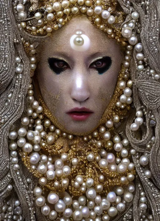 Image similar to hyperrealism, detailed textures, award winning autochrome pearl portrait photo, symetrical japanese pearl old screaming medusa queen autochrome pearl portrait, pearl silverplate, intricate, detailed facial pearl scary animal mask, pearl, golden jewelery, silverplate, ultra realistic, cinematic, intricate, cinematic light by steve mccurry, unreal engine 8 k