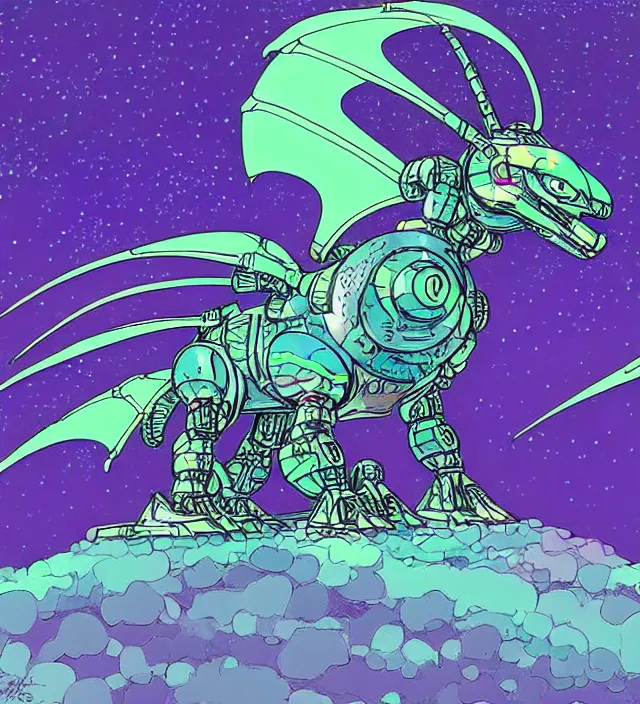 Image similar to a mecha dragon in a iridescent spacesuit, galactic background, vintage sci - fi soft grainy, inspired moebius, inspired by tim white, in the style of studio ghibli