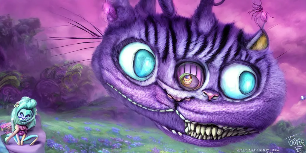 Image similar to The Cheshire Cat, Alice in wonderland, colorful, wide angle, super highly detailed, professional digital painting, artstation, concept art, smooth, sharp focus, no blur, no dof, extreme illustration, Unreal Engine 5, Photorealism, HD quality, 8k resolution, cinema 4d, 3D, beautiful, cinematic, art by artgerm and greg rutkowski and alphonse mucha and loish and WLOP