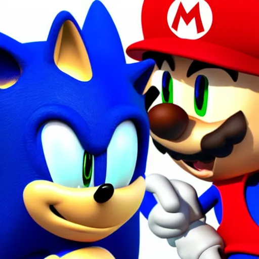 Prompt: photo-realistic sonic the hedgehog wearing a mario hat