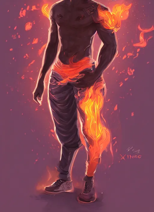 Image similar to a highly detailed illustration of attractive young african guy with flaming hair wearing tracksuit, dramatic standing pose, intricate, elegant, highly detailed, centered, digital painting, artstation, concept art, smooth, sharp focus, league of legends concept art, wlop