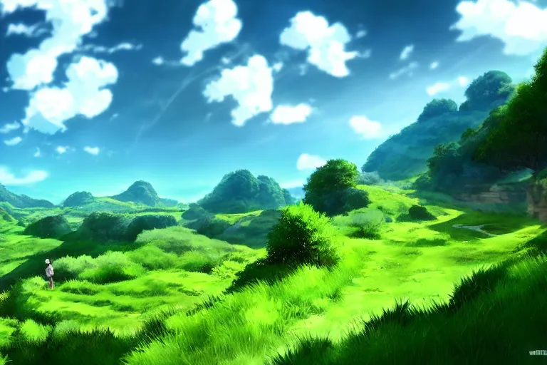 Image similar to wide green hilly, lush scenic landscape, blue sky, white clouds, video game style, unreal engine, cinematic look, anime, highly detailed