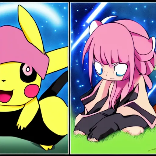 Prompt: anime art, Darth Pikachu versus Jedi Jigglypuff