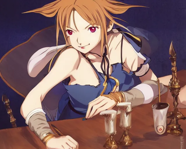 Image similar to anime visual, portrait of a young female in a busy fantasy medieval tavern interior at night, face by yoh yoshinari, murata range, last exile, blue submarine no 6, dynamic pose, dynamic perspective, detailed silhouette, rich texture, seven deadly sins anime, flat, anime cels, matte color, intricate face, fine details