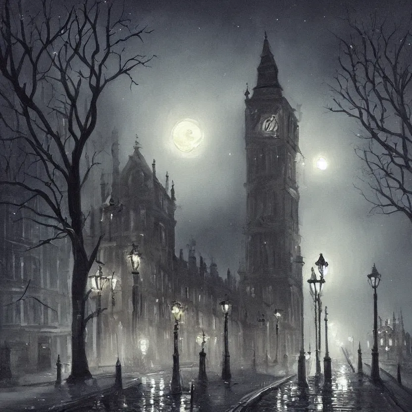 Prompt: beautiful painting of old London street scene spooky dark fog in the moonlight fantasy mystical