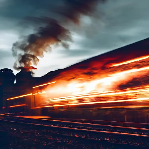 Prompt: train with steam locomotive leaving the station, dramatic cinematic angle and lighting