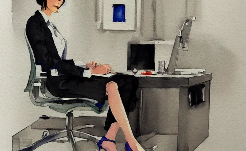 Image similar to concept art of a modern office life, business woman, pinterest, artstation trending, behance, watercolor, by coby whitmore *, silver, laser light *,