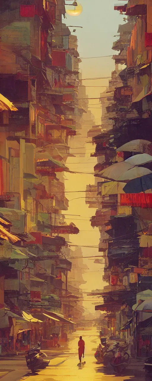 Image similar to Downtown Saigon, dramatic cinematic lighting, rich colors, golden age illustration, by Sylvain Sarrailh and Nicholas Roerich and Ludwig Deutsch and April Gornik