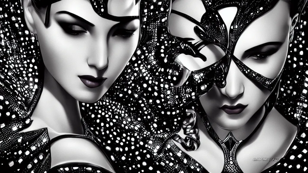 Prompt: art deco dots, photo, ultra detail, photoreal, professionally retouched, black and white colors, wide angle, 8 k high definition, insanely detailed, intricate, elegant, art by artgerm and wlop