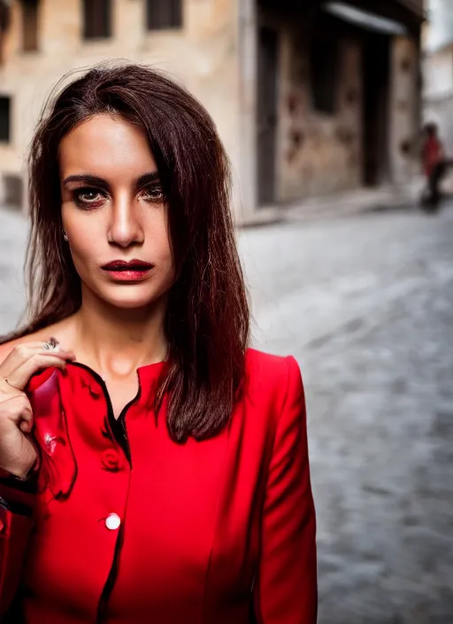 Prompt: close up portrait of beautiful Italian woman, wearing a red outfit, well-groomed model, candid street portrait in the style of Steve McCurry award winning