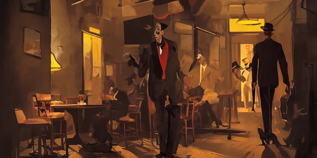 Image similar to a biped rabbit enters into a 4 0 s jazz club, warm color palette, night time, dramatic lighting, noir film, character sheet, fine details, high contrast, blacksad, kim jung gi, greg rutkowski, trending on artstation, 8 k, front view, back view, ultra wide angle