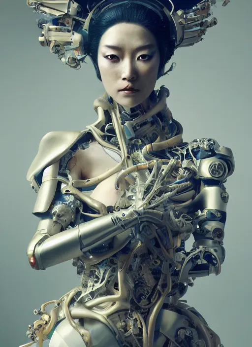 Image similar to portrait of a futuristic geisha cyborg, kintsugi, modern fine art, fractal, intricate, elegant, highly detailed, digital photography, subsurface scattering, by jheronimus bosch and greg rutkowski,