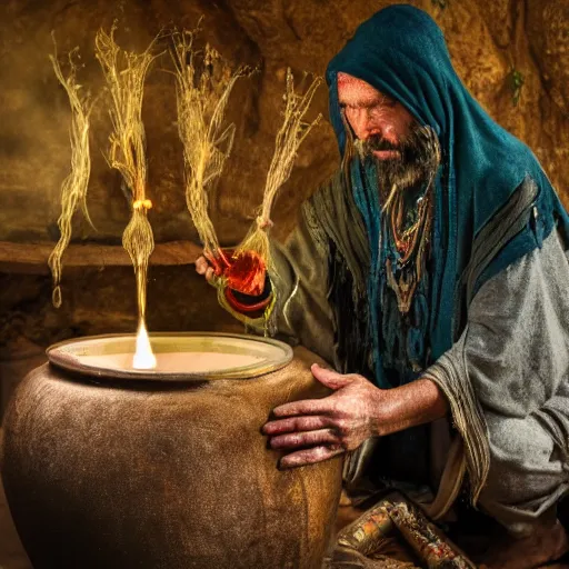 Image similar to a shaman preparing a magic decoction in a dreamy atmosphere, 4 k, 3 d, photo