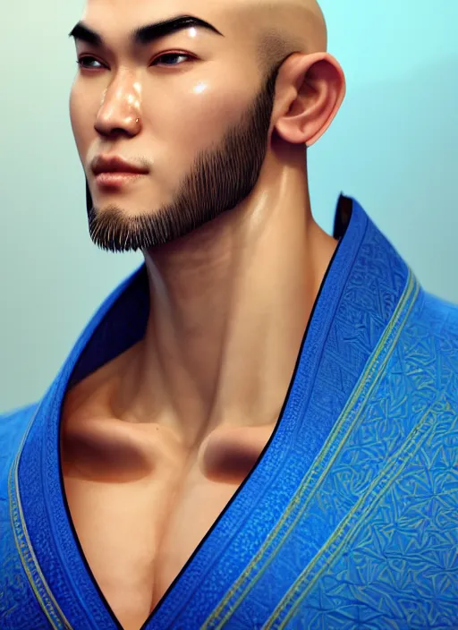 Image similar to male martial artist with a mostly shaved head and a high ponytail!!! asian facial features and blue eyes!! intricate ornate blue robes!! character concept art, sharp focus, octane render! unreal engine 5! highly rendered!! trending on artstation!! detailed linework!! illustration by artgerm, wlop, and chie yoshii