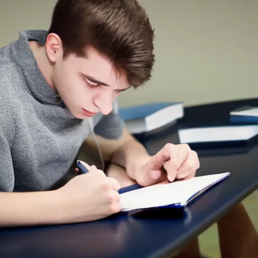 Image similar to a 1 7 years old boy, trying to study for his exams, realistic photo, hyper detailed, studio light