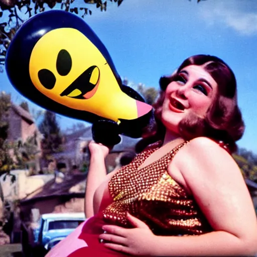 Image similar to 1976 glamorous thicc woman wearing an inflatable smiley head, wearing a dress, in a small village full of inflatable animals, 1976 French film archival footage technicolor film expired film 16mm Fellini new wave John Waters Russ Meyer movie still