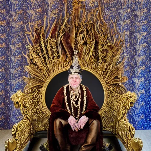 Prompt: Award Winning Highly Detailed Portrait Photo of Mythological King Royally decorated sitting in a shining Filigree throne designed by Gaudi, Silks, Furs, wide-angle long shot