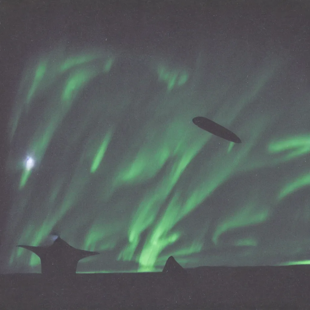 Prompt: polaroid photo of a clear UFO encounter in the artic, large black triangle with lights in each corner, aurora borealis, scientist pointing towards the object, HD scan,