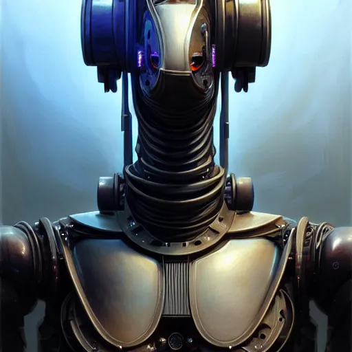 Prompt: low angle front shot of a cyberpunk gazmask robot character wearing a gazmask, intricate, elegant, highly detailed, centered, digital painting, artstation, concept art, smooth, sharp focus, illustration, artgerm, Tomasz Alen Kopera, Peter Mohrbacher, donato giancola, Joseph Christian Leyendecker, WLOP, Boris Vallejo