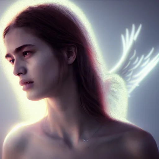 Image similar to portrait art of female angel by alessio albi 8 k ultra realistic, angel wings, lens flare, atmosphere, glow, detailed, intricate, full of colour, cinematic lighting, trending on artstation, 4 k, hyperrealistic, focused, extreme details, unreal engine 5, cinematic, masterpiece