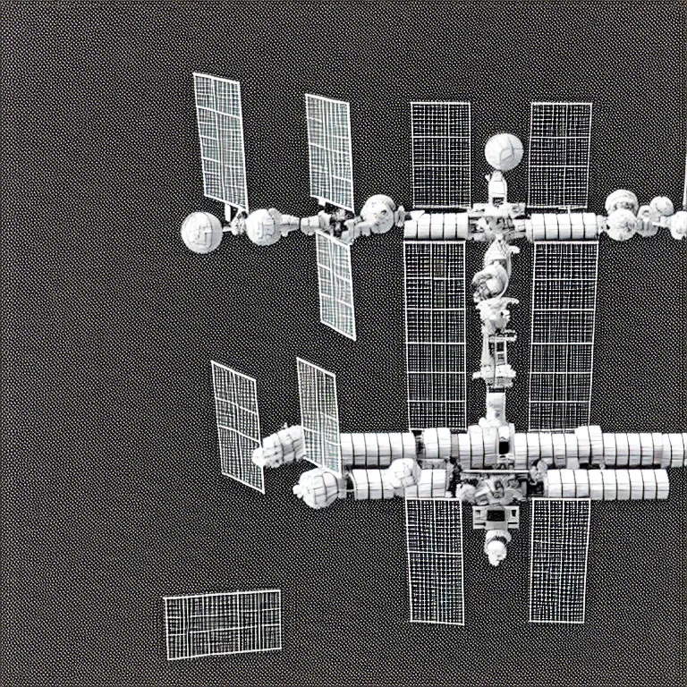 Image similar to a black and white drawing of a geometric lattice international space station made of chrome and filled with equipment, a microscopic photo by ernst haeckel, zbrush central, kinetic pointillism, intricate patterns, photoillustration