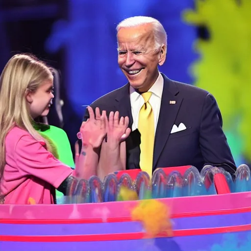 Image similar to joe biden getting slimed at the kids choice awards, dynamic, cinematic photo