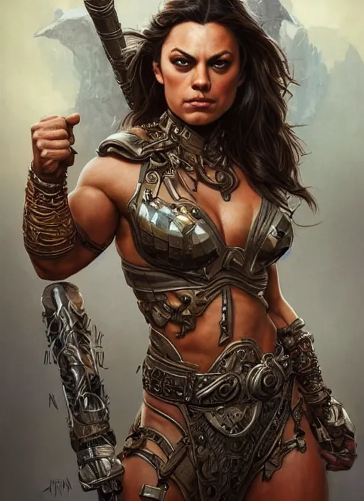 Image similar to Mila Kunis as a very muscled rugged looking Amazon, intricate, elegant, highly detailed, centered, digital painting, artstation, concept art, smooth, sharp focus, illustration, art by artgerm and donato giancola and Joseph Christian Leyendecker, WLOP