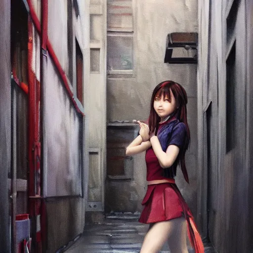 Image similar to a perfect, realistic professional oil painting of a Japanese schoolgirl posing in a dystopian alleyway, style of Marvel, full length, by a professional American senior artist on ArtStation, a high-quality hollywood-style concept