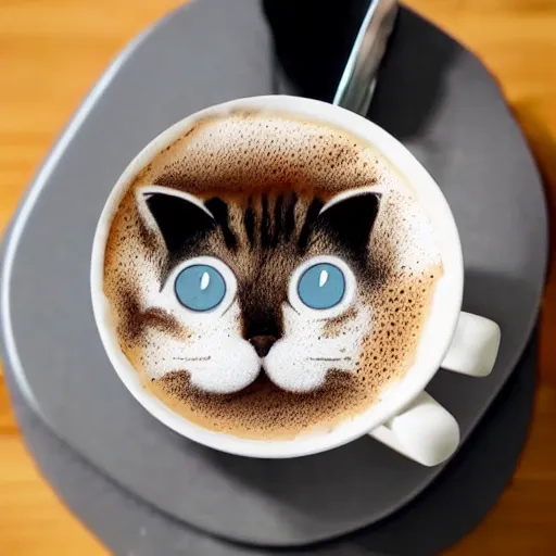 Prompt: Close-up photo of a cup of coffee that has a cute cat drawn into the foam on top