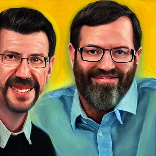 Prompt: photorealistic painting of the hosts of the last podcast on the left. high detailed rendering, oil painting. – n 9
