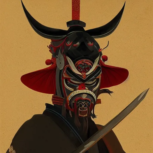 Image similar to samurai with demon mask, oni mask on face, dark fantasy, intricate, elegant, highly detailed, digital painting, artstation, concept art, smooth, sharp focus, illustration, artstation, cgsociety, art by artgerm and greg rutkowski and alphonse mucha